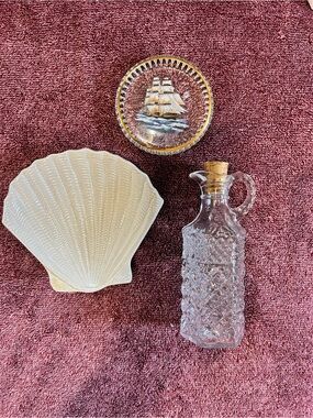 Coastal Nautical Glass Decor Lot Shell Dish Ship Paperweight Jar Cruet Bottle